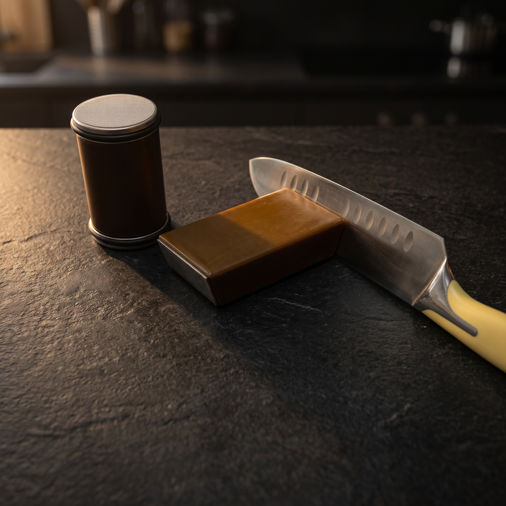 Rollschärfer: Santoku am Magnetblock, Walze daneben