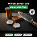 DiamondRoll-Set auf dunklem Stein mit grober und feiner Scheibe: wieder scharf wie am ersten Tag