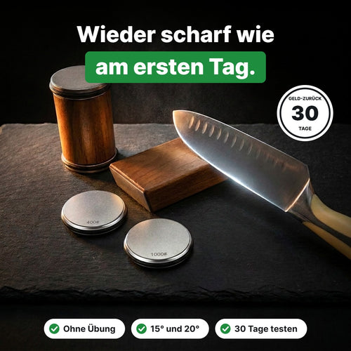 DiamondRoll-Set auf dunklem Stein mit grober und feiner Scheibe: wieder scharf wie am ersten Tag