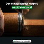 Nahaufnahme: Die Scheibe läuft an der Schneide, der Magnet hält den Winkel