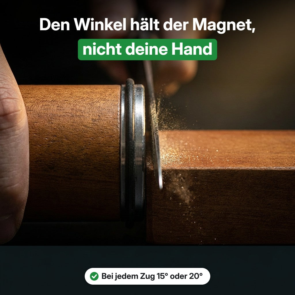 Nahaufnahme: Die Scheibe läuft an der Schneide, der Magnet hält den Winkel