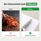 Vorher zerdrückt die Tomate, nachher gleitet das Messer durchs Papier