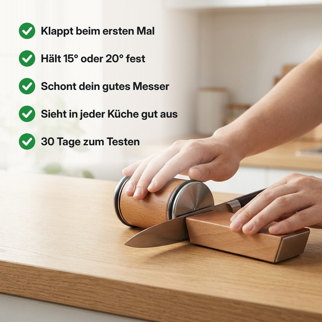 Zwei Hände schärfen in der Küche, daneben die Vorteile