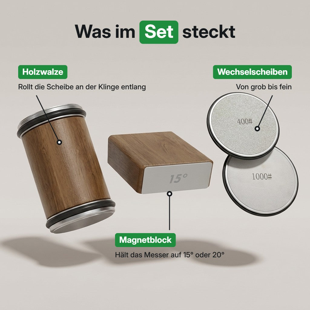 Was im Set steckt: Holzwalze, Magnetblock, Wechselscheiben