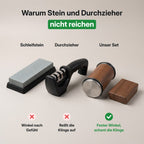Vergleich Schleifstein, Durchzieher und Rollschärfer