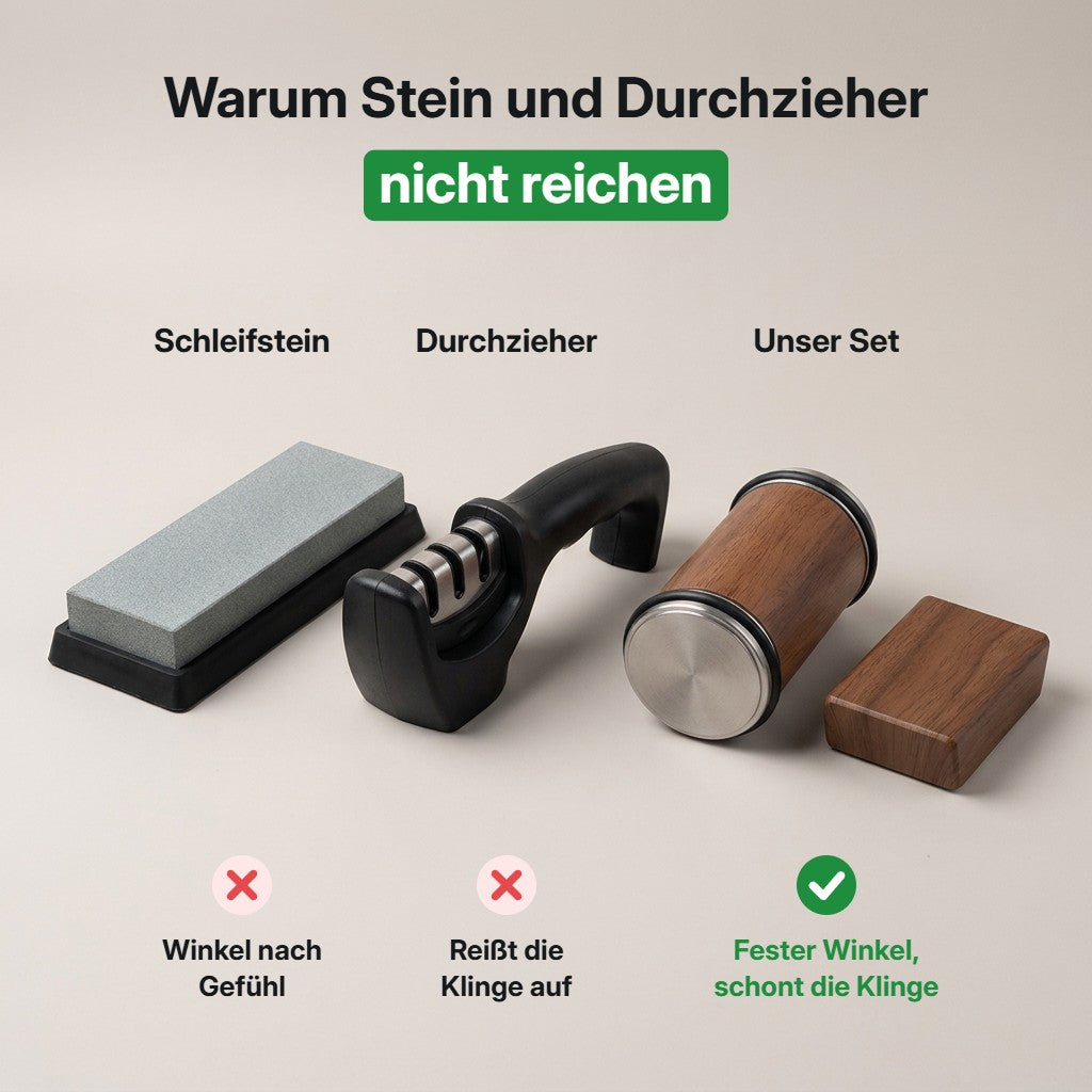 Vergleich Schleifstein, Durchzieher und Rollschärfer
